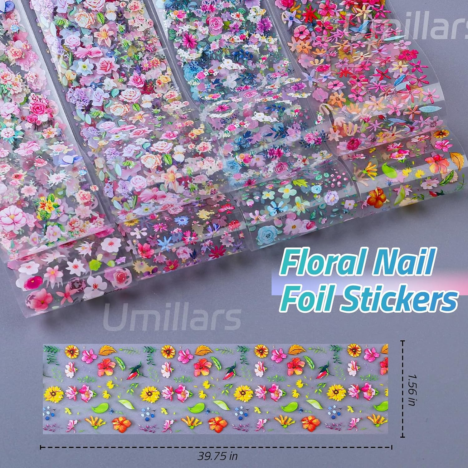 Flower Nail Foil Transfer Stickers, 10 Rolls Holographic Rose Camellia Floral Sp