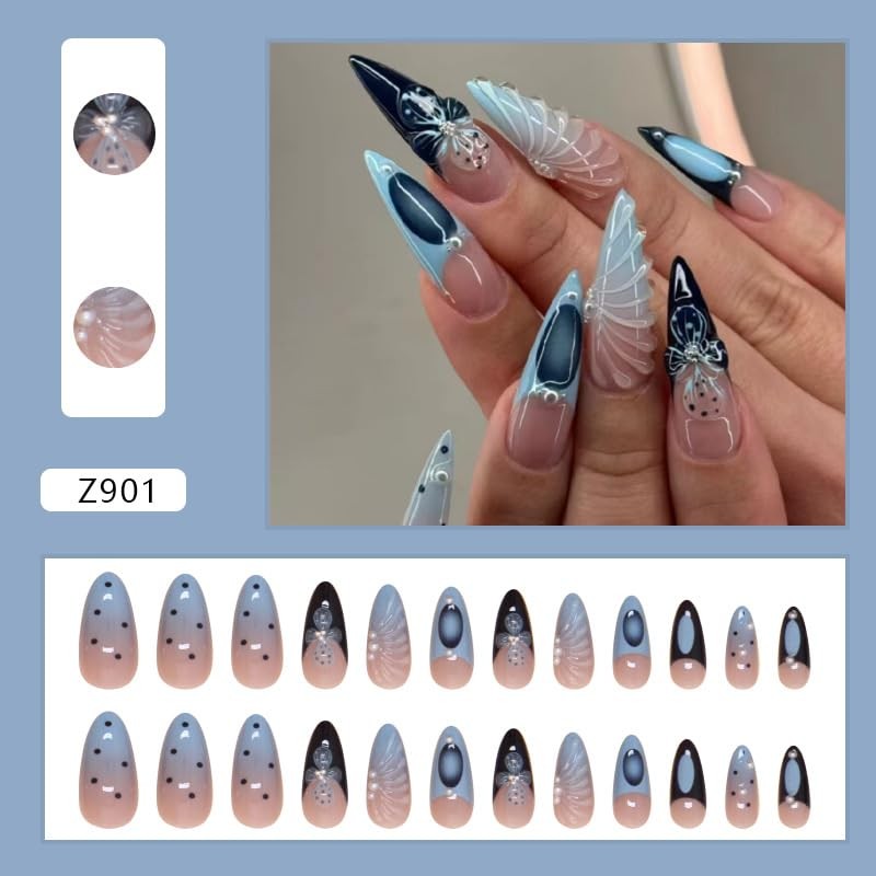 24Pcs Summer Ocean Shells Press on Nails Medium Almond Fake Nails Pink Blue O…