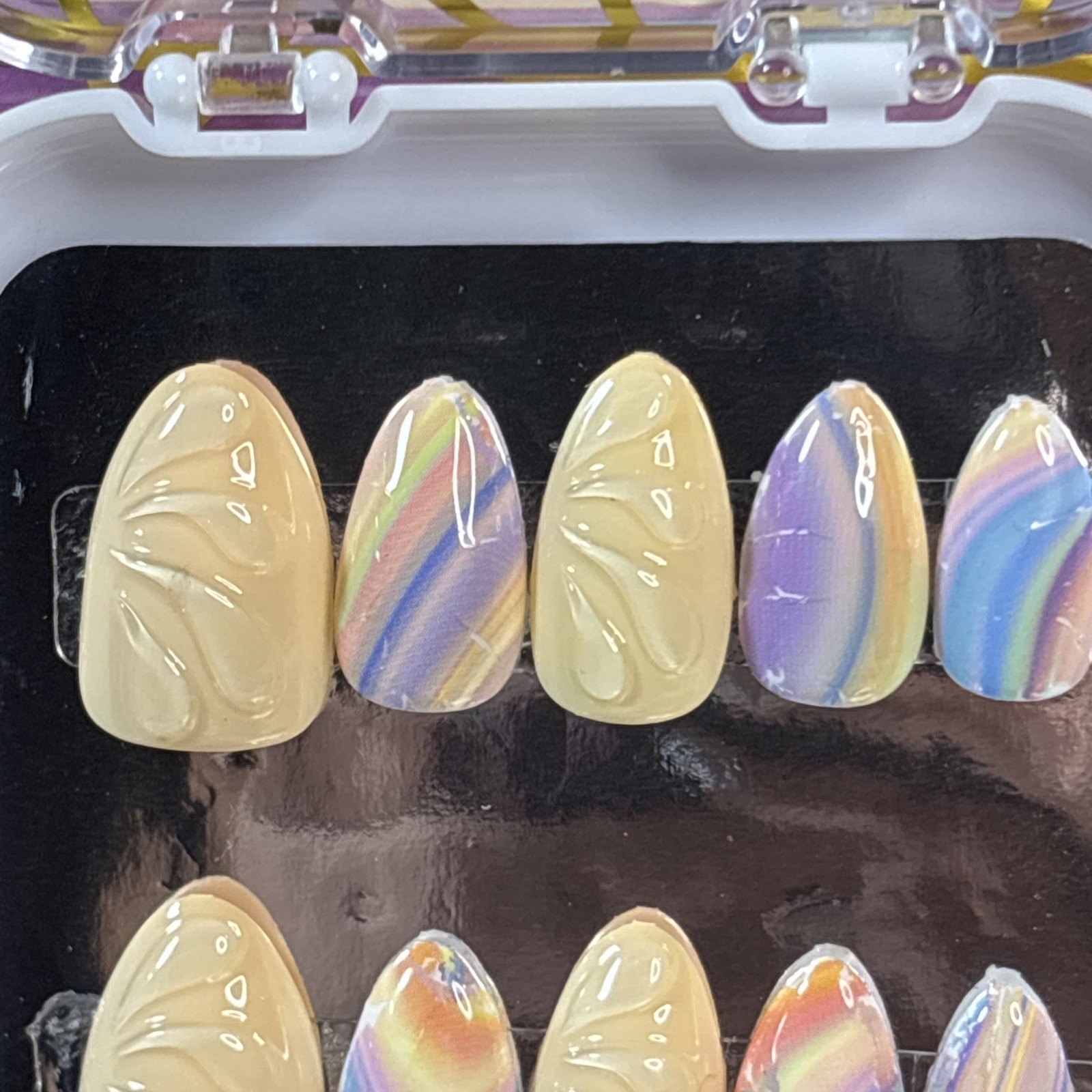 Press-On Nails Almond-Shaped yellow w/foil rainbow accents Size small