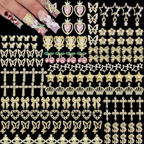 160pcs Gold Nail Charms 3D Butterfly Cherry Heart Cross Bow Star Dollar Flower C