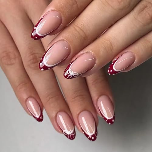 Press on Nails Medium Almond Fake Nails Burgundy Red Glue on French Tip BNY114
