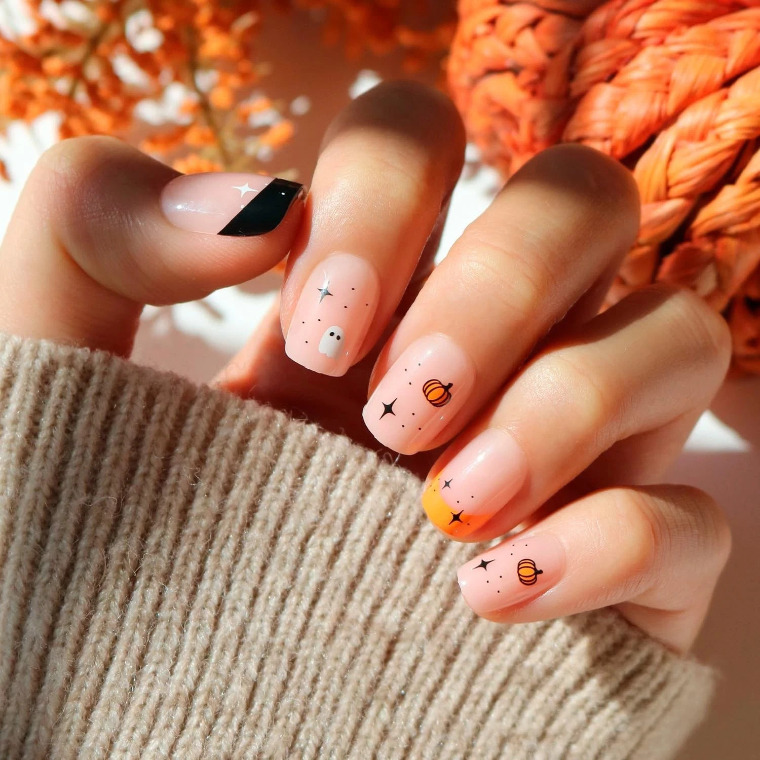 Glamnetic Press On Nails – Tiny Pumpkin | Short Squoval French Tip 15 Sizes – 30