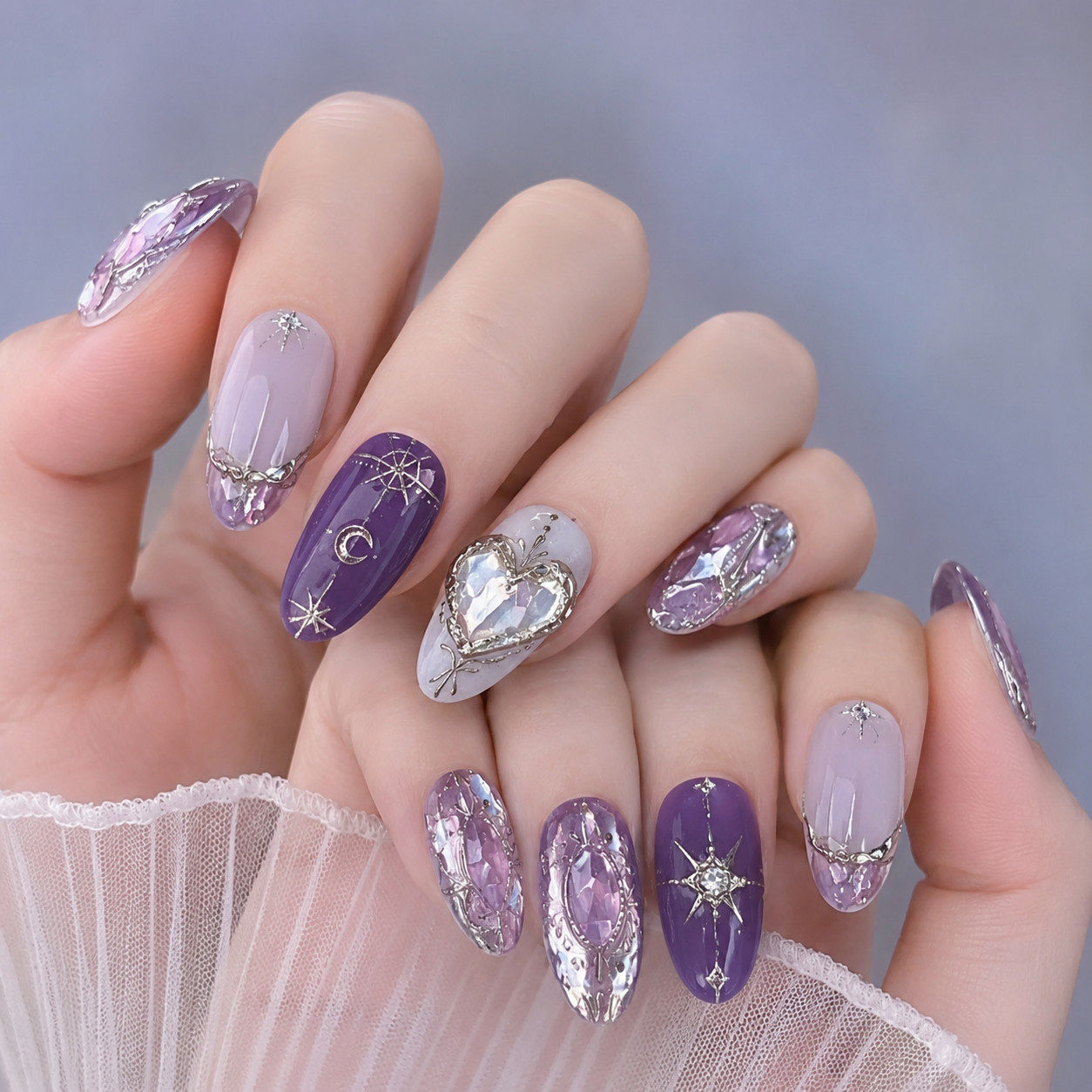 Purple Rhinestone Heart Press On Nails Short Almond Glossy Reusable False Nails
