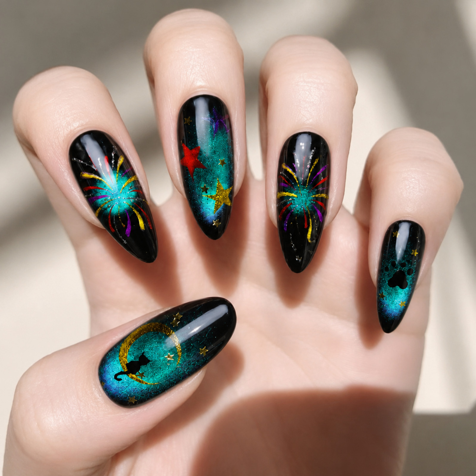 Handmade Galaxy Cat Moon Fireworks Black Teal Press-On Nails Set