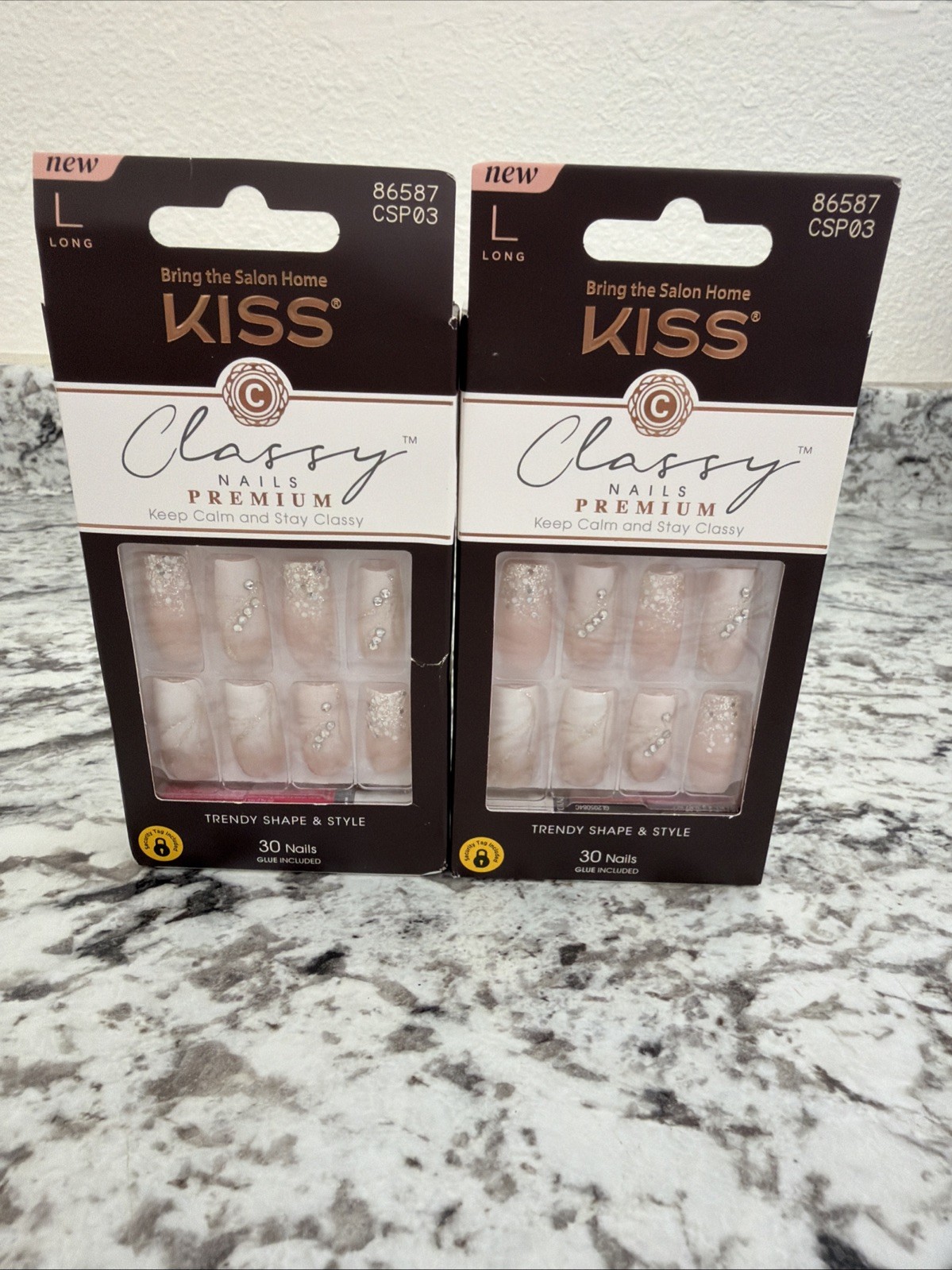 NIB KISS Premium Classy Press On Nails Long Length Nude W/glitter 2 Pack