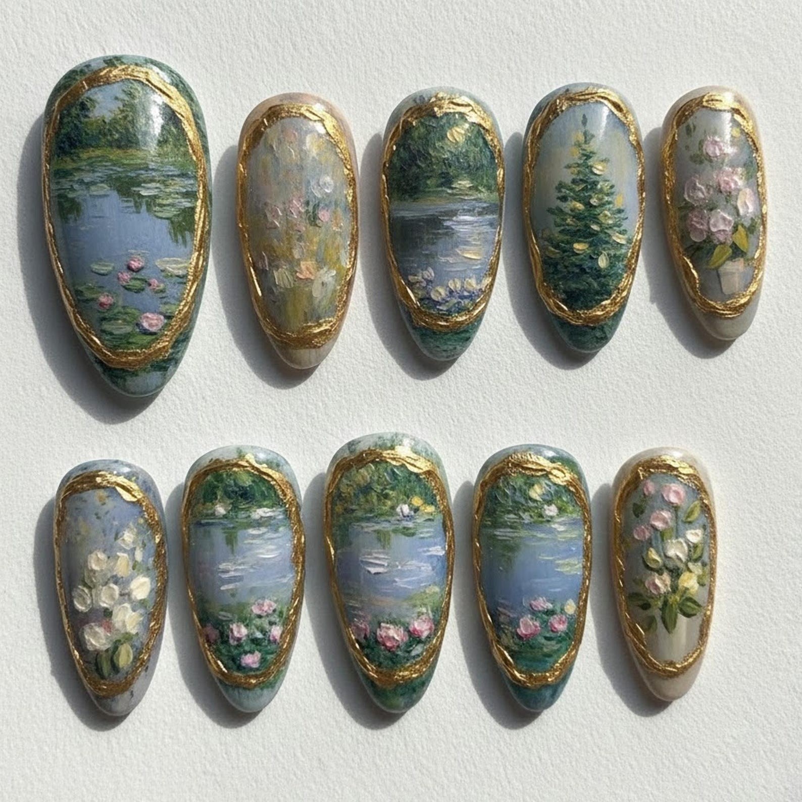 Handmade Monet Water Lily Oil Painting Gold Frame Medium Almond Press on Nails