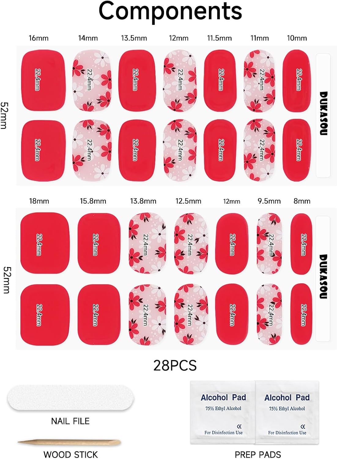 Semi Cured Gel Nail Strips, Red Pink Flowers, 28Pcs Gel Nail Stickers