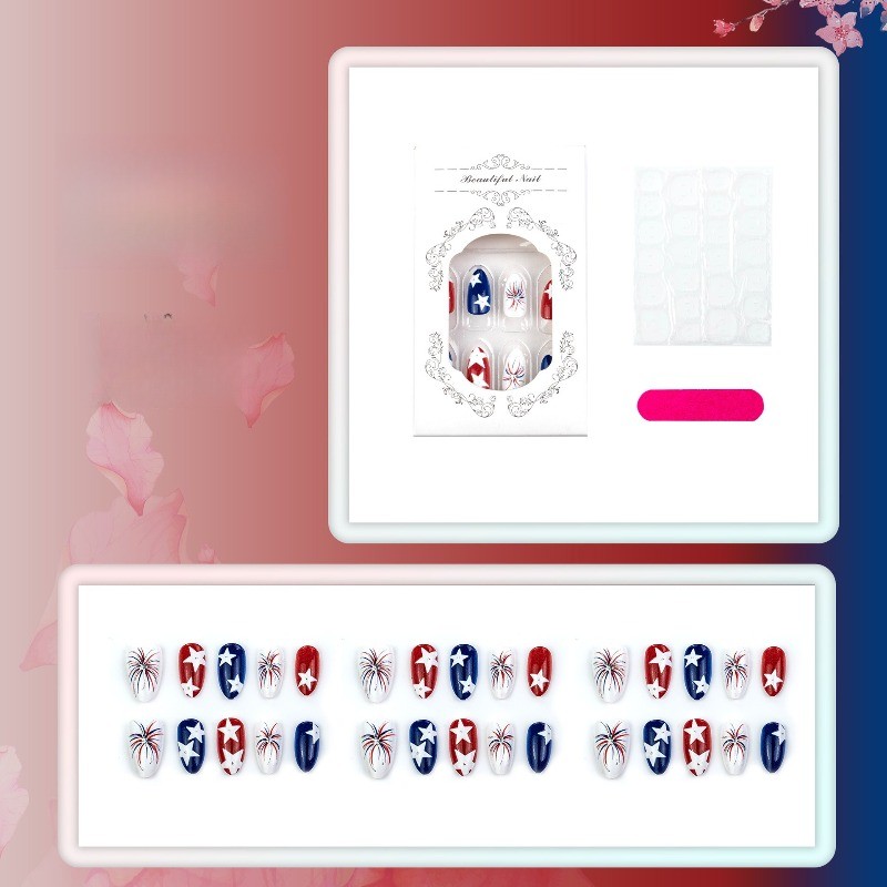 48pcs-4th of July Star Press on Nails, Almond Red White Blue with Fireworks