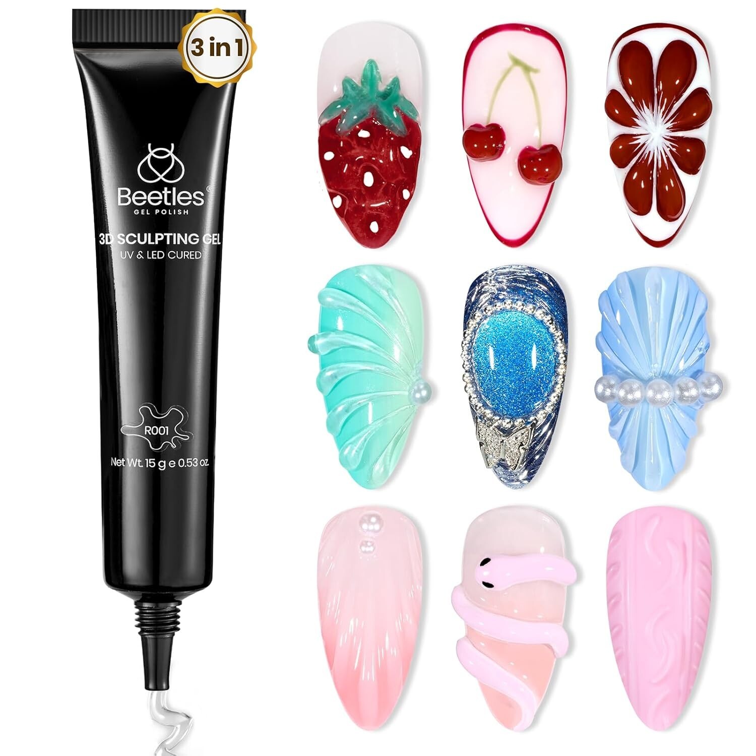 3-in-1 Beetles Sculpting Gel – Rhinestone Nail Glue for Creative Nail Art 15ml
