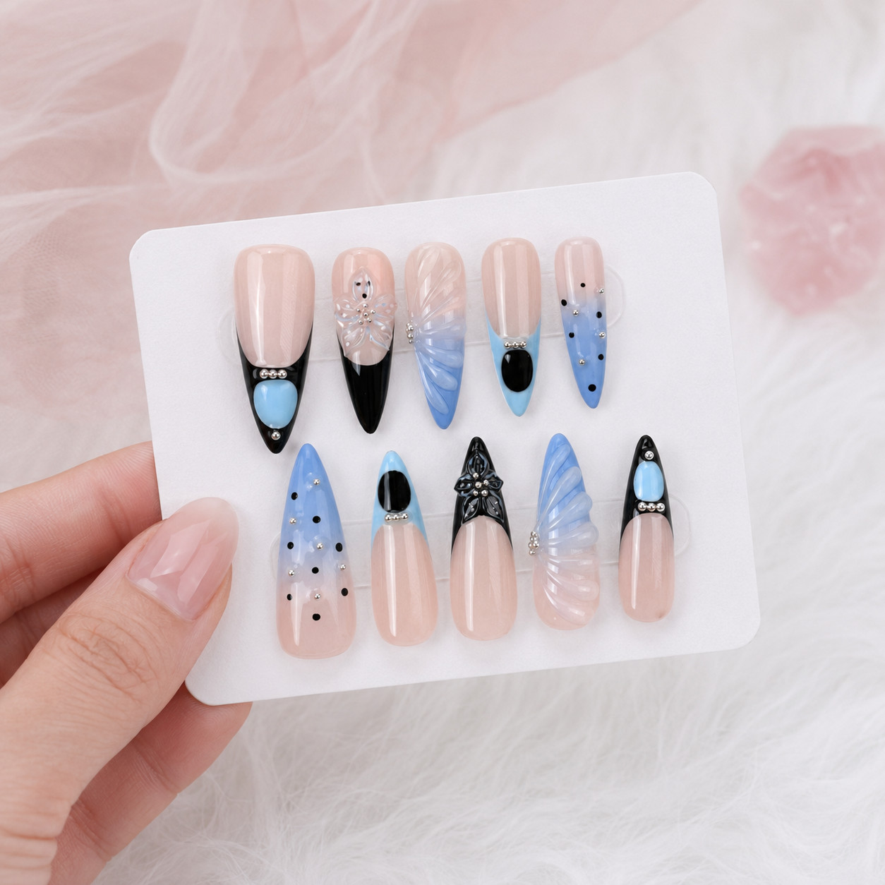 Long Stiletto Press On Nails Blue Black French Tip Butterfly Rhinestone Nail Set
