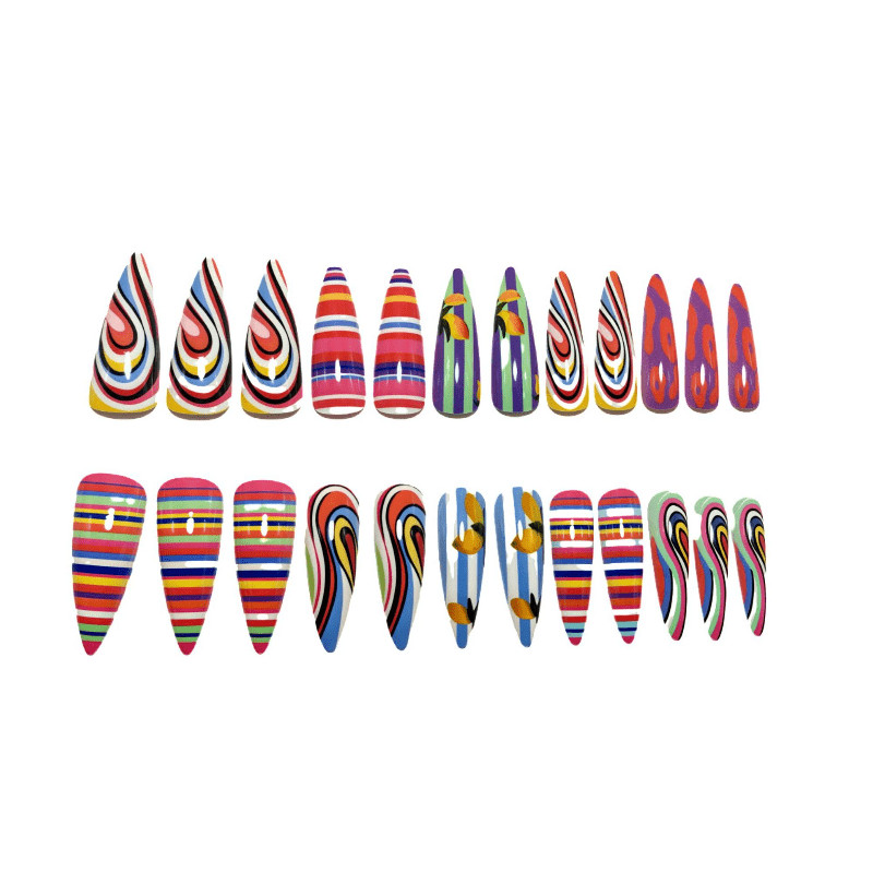 48pcs Press-on Nail Long Almond Stripe High-gloss Multicolor Nails Swirl Prints