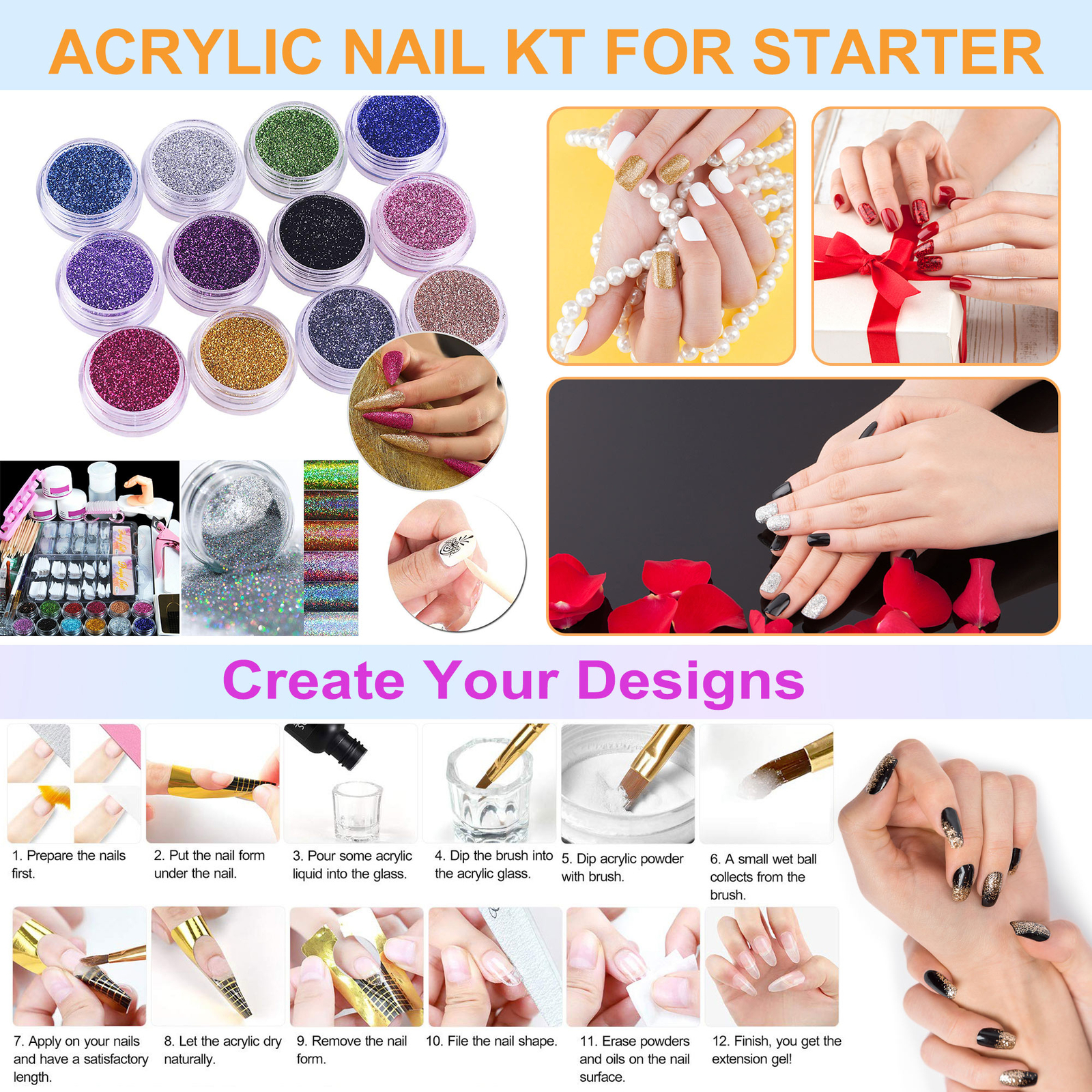 Acrylic Nail Kit Acrylic Powder Glitter Nail Art Manicure Tool Tip Brush Set