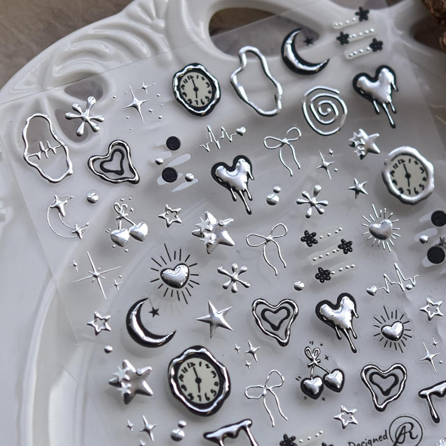 Silver Nail Art Stickers Heart Star Nail Decals with Metal Design 5D Embossed Se