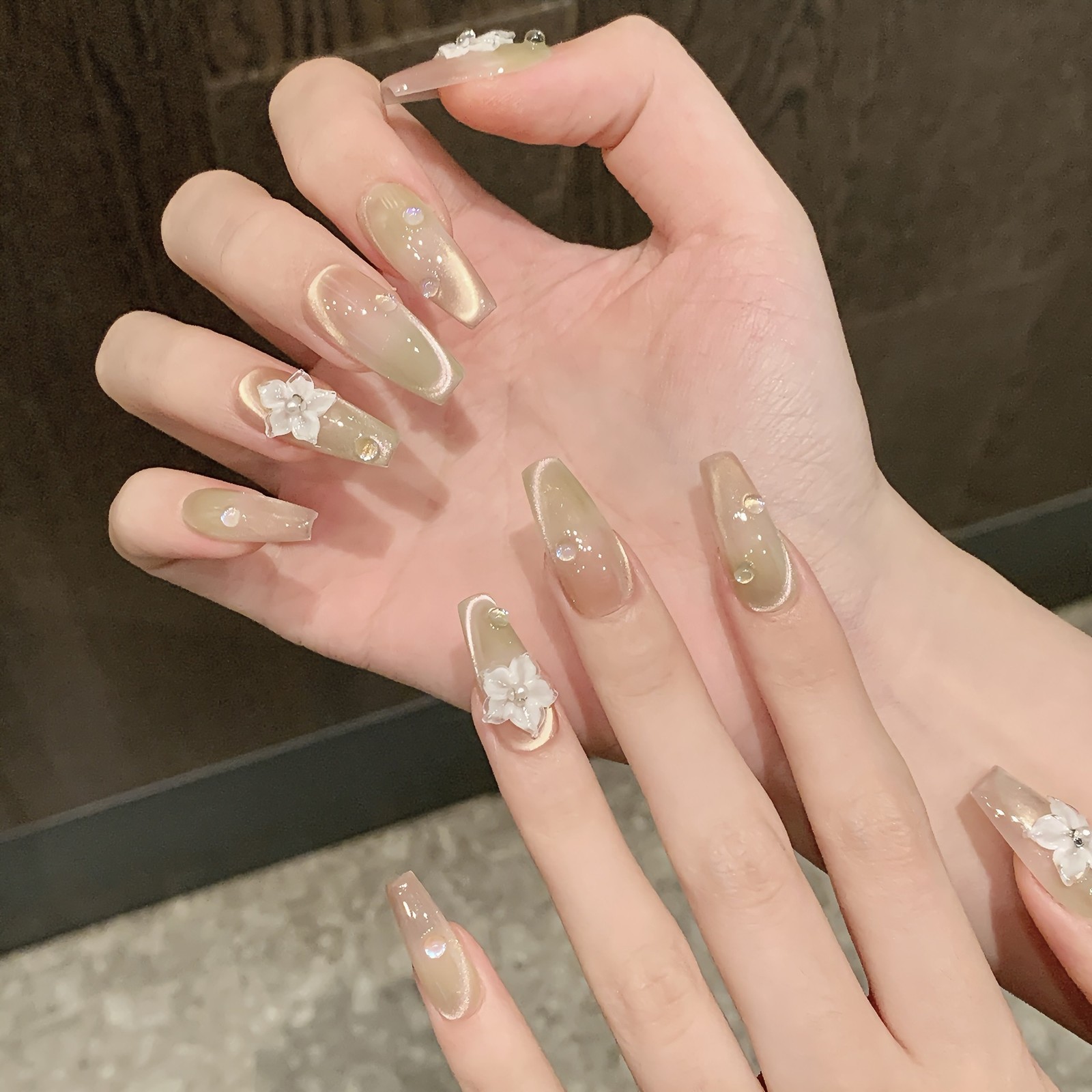 Handmade Clear Pink Green Gradient Cat Eye False Nail Oval/Coffin Press On Nail
