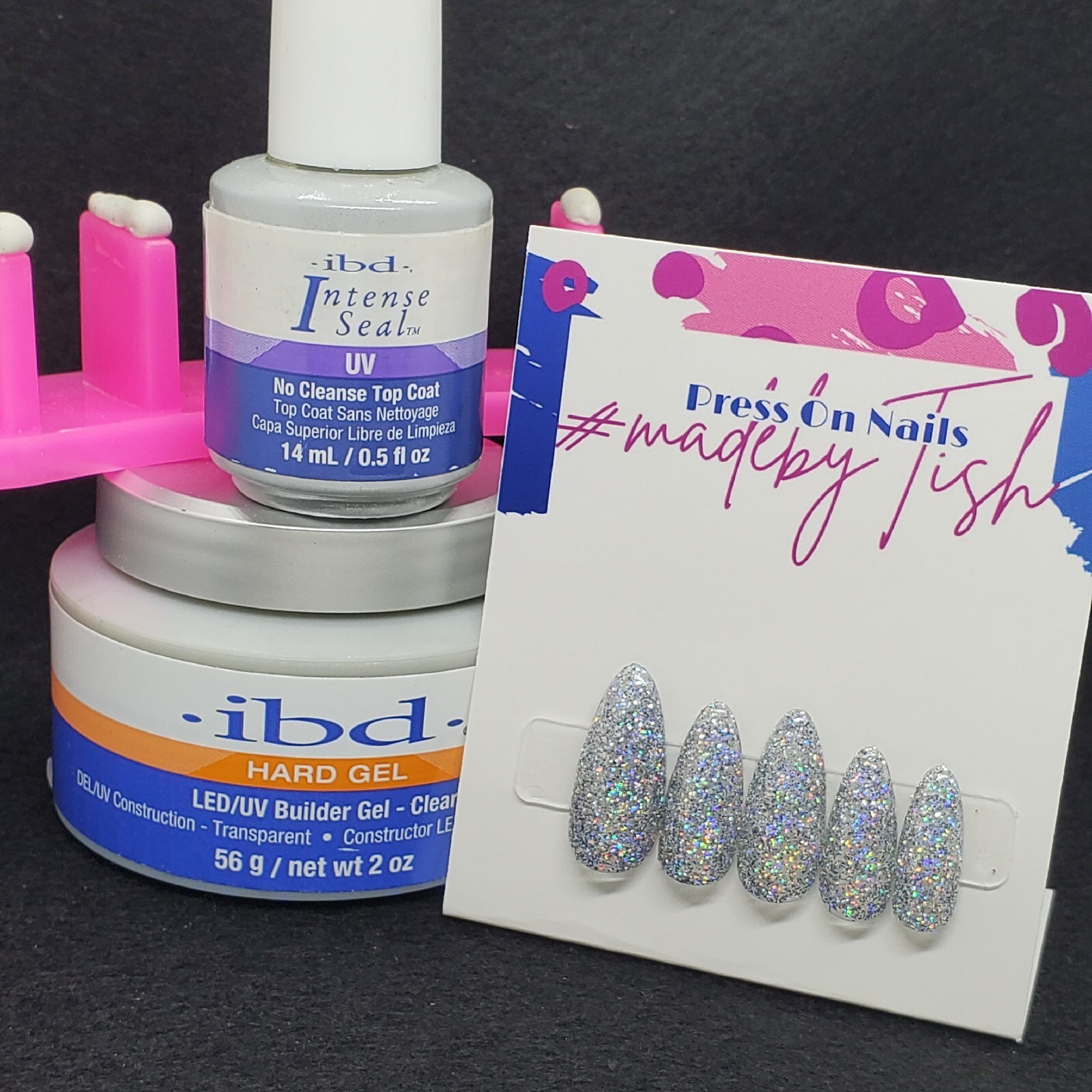 #145 Silver Holo Glitter Press On Nails | Handmade | Hard Gel Glue on Nails