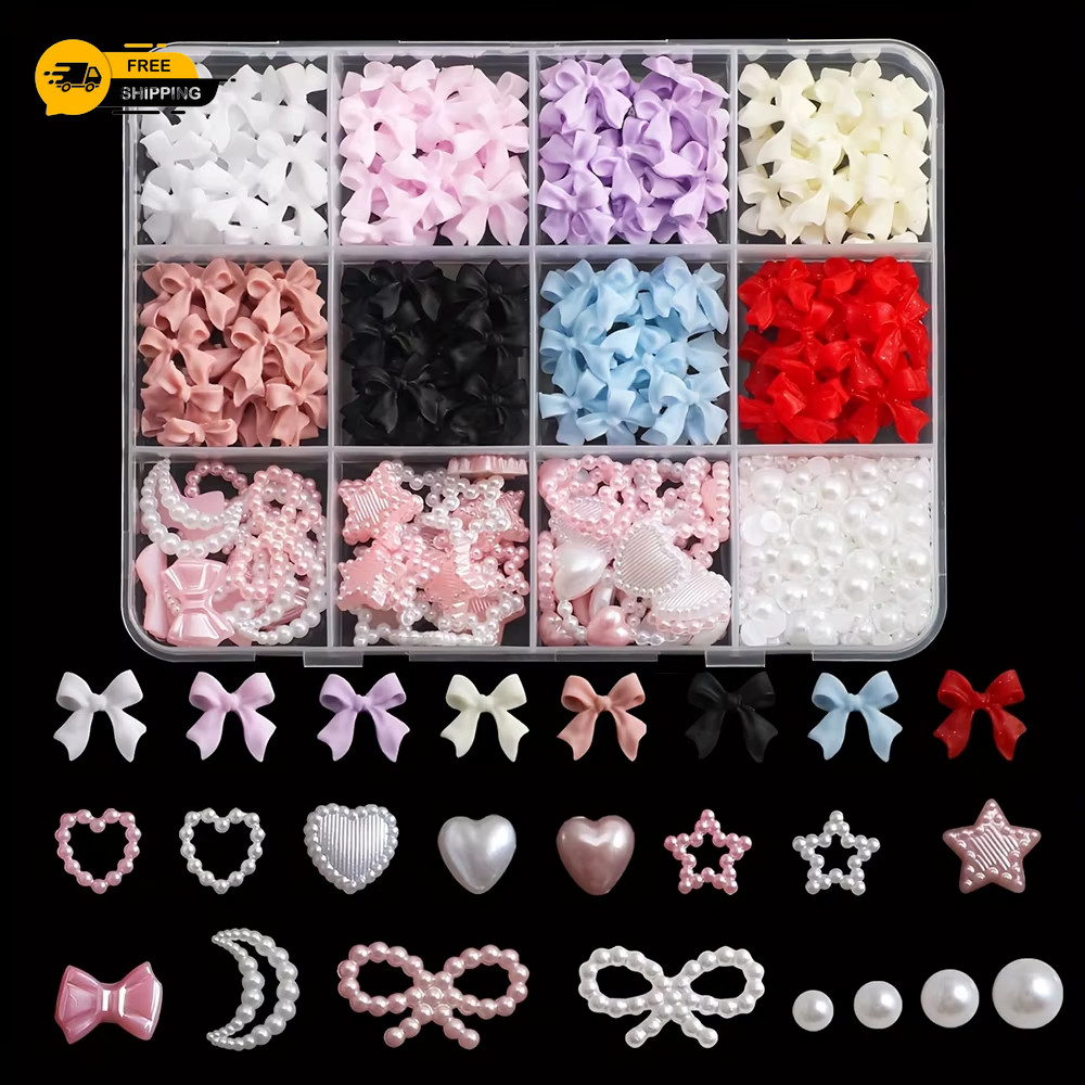 500PCS 3D Nail Art Decoration Kit with Resin Bows, Flat Back Pearls, and Assorte