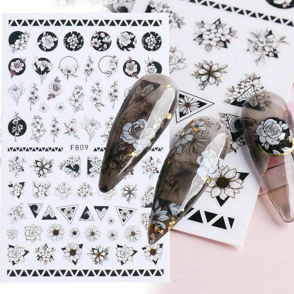 Nail Art Decoration Black White Flower Nail Decals Self Adhesive stickers NS3