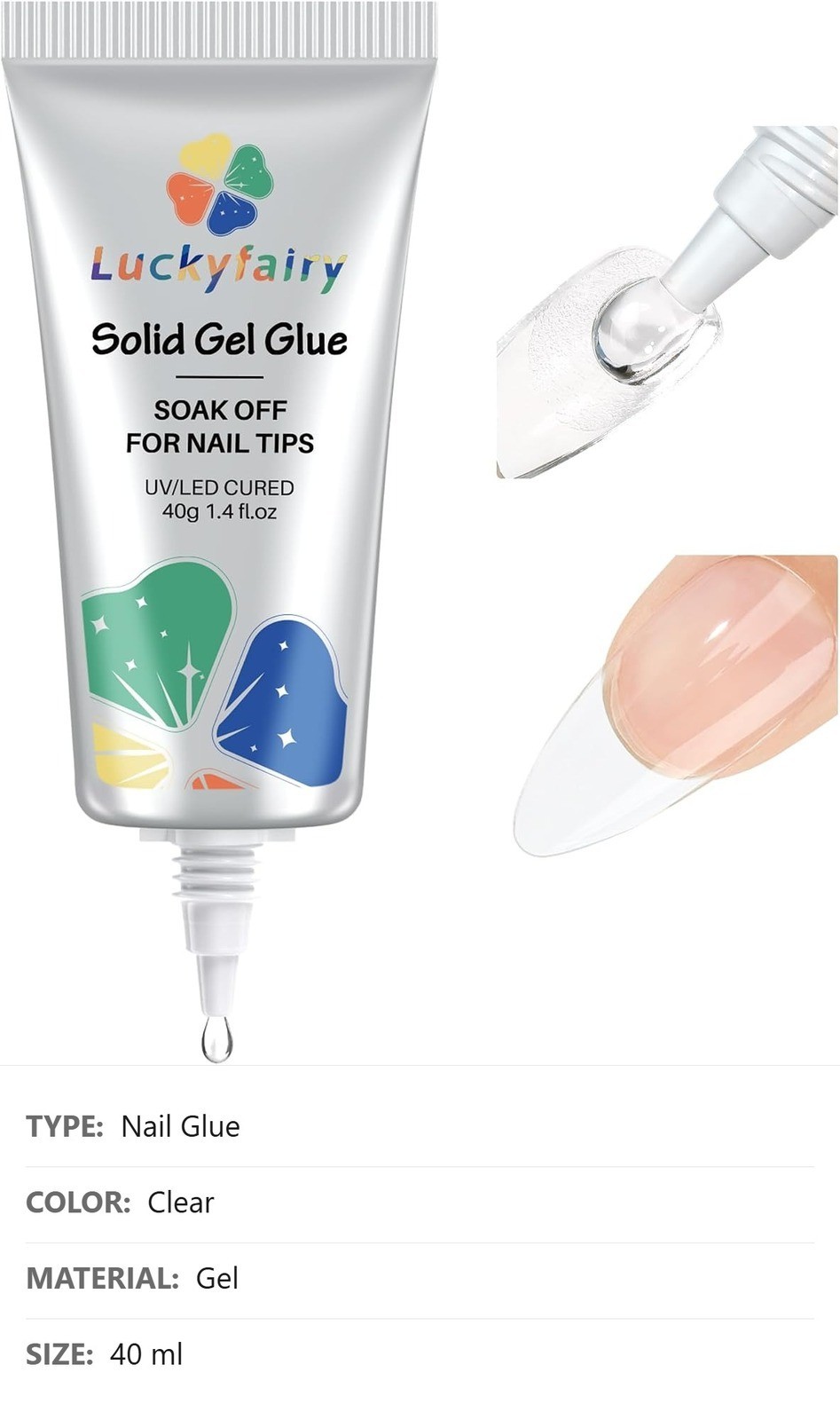 Nail Glue, 40ml, Solid Gel, Precision Nozzle, LED UV Lamp Curing Needed