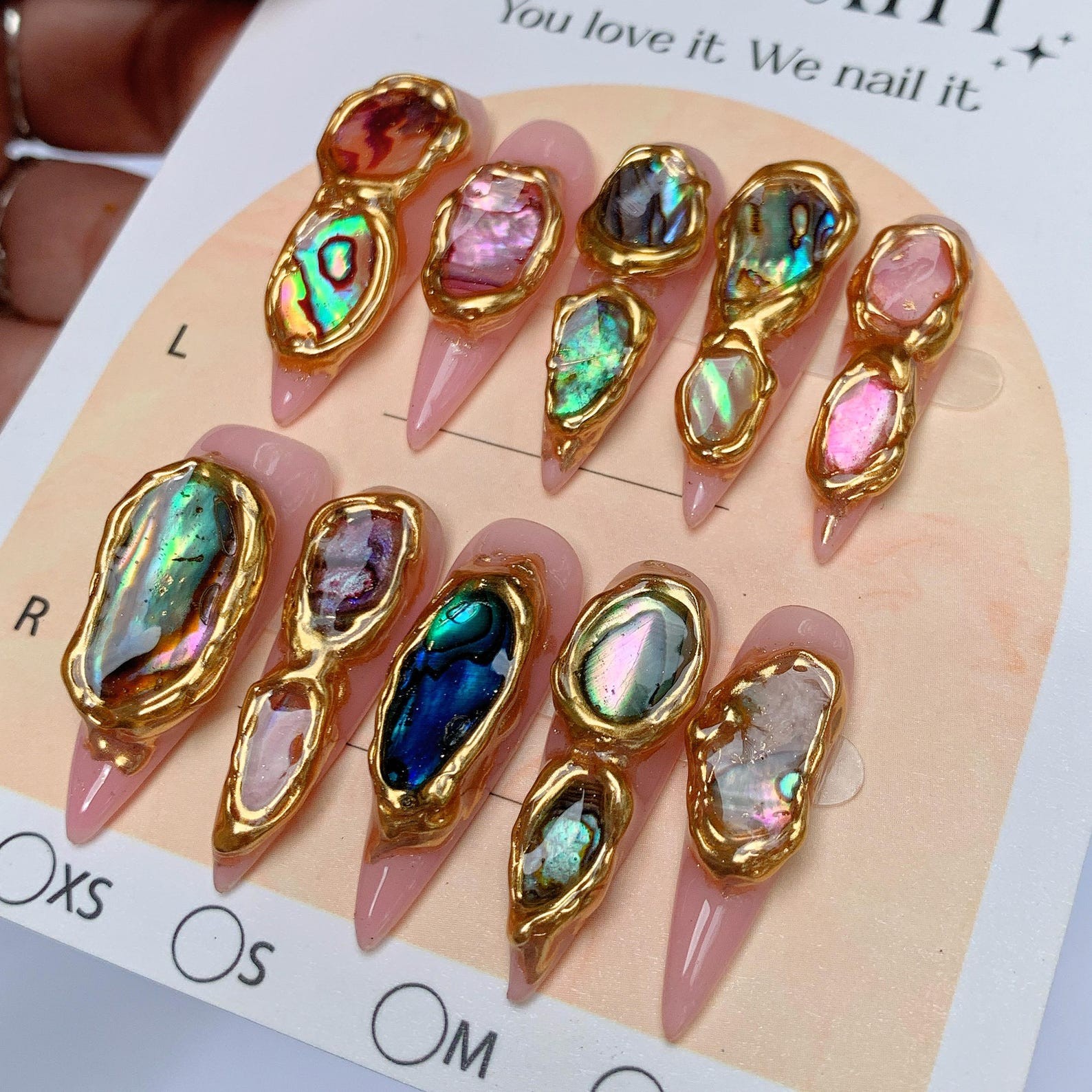 Custom Handmade Press on Nails Abalone Shell Golden Metal Luxury Salon Nail Art