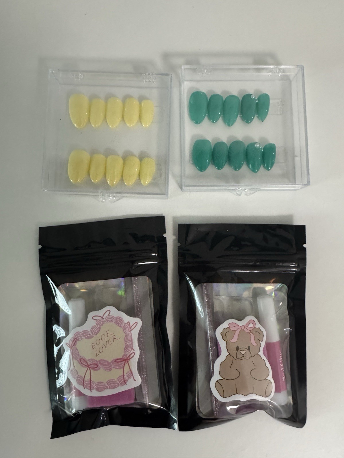 Handmade Press On Nails 2 Sets Short Small Yellow & Green Glossy Reusable