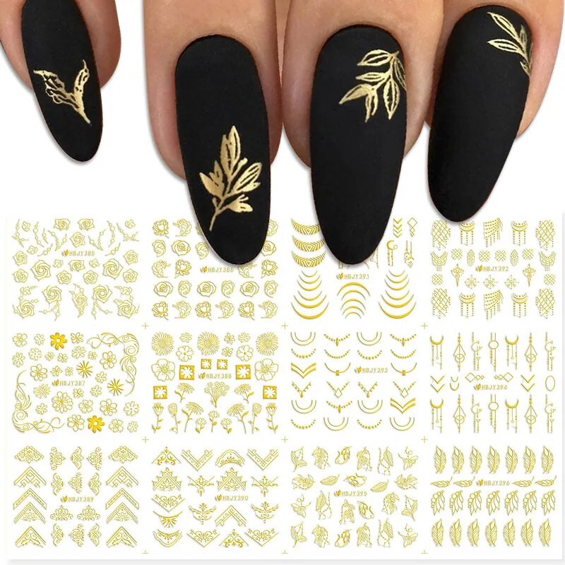 3D 12 Designs Golden Flower Leaf Lace Floral Geometry Line Nail Stickers
