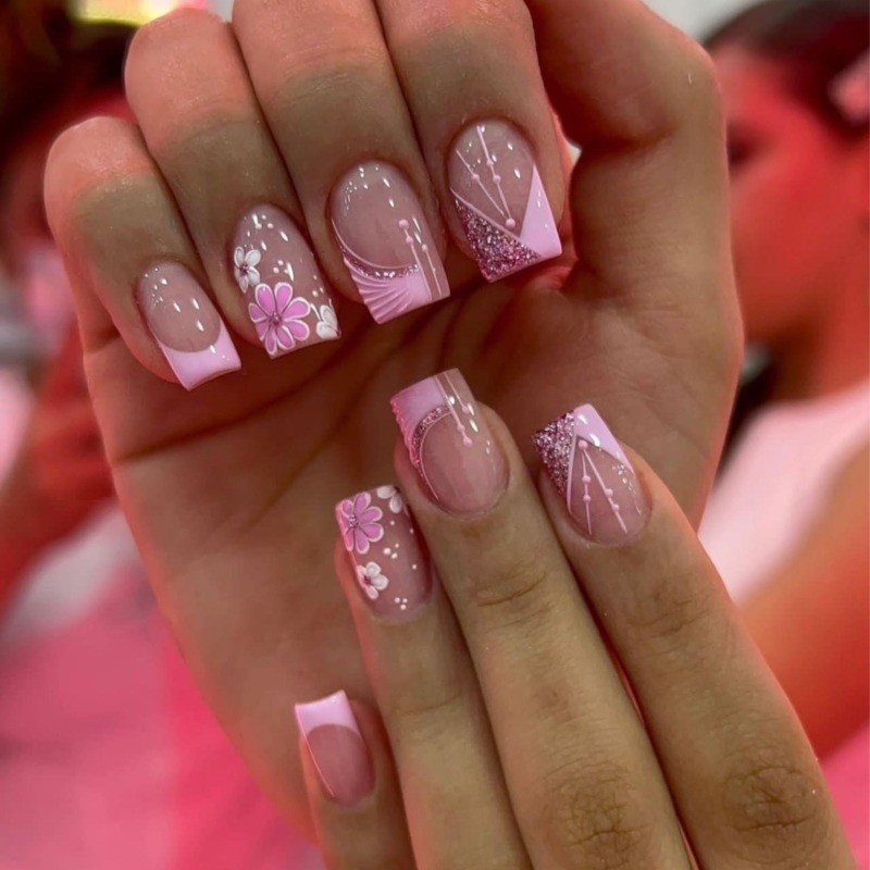96pcs(4 Pack) Spring Delicate Cherry Blossom Press On Nails Acrylic Manicure