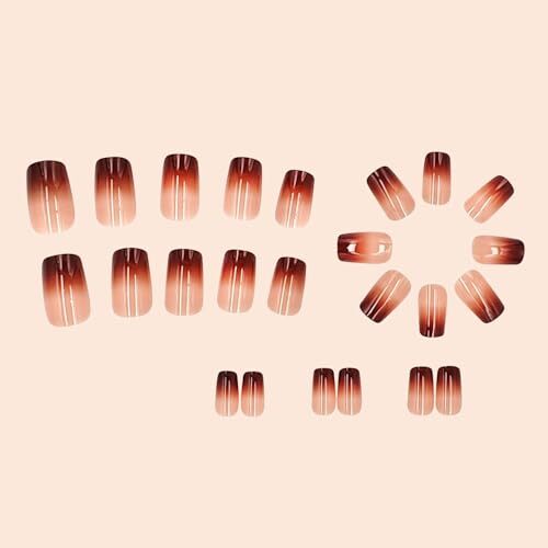 Brown Chrome Press on Nails Medium Square SWEKKE French Tip Fake Square Nail38