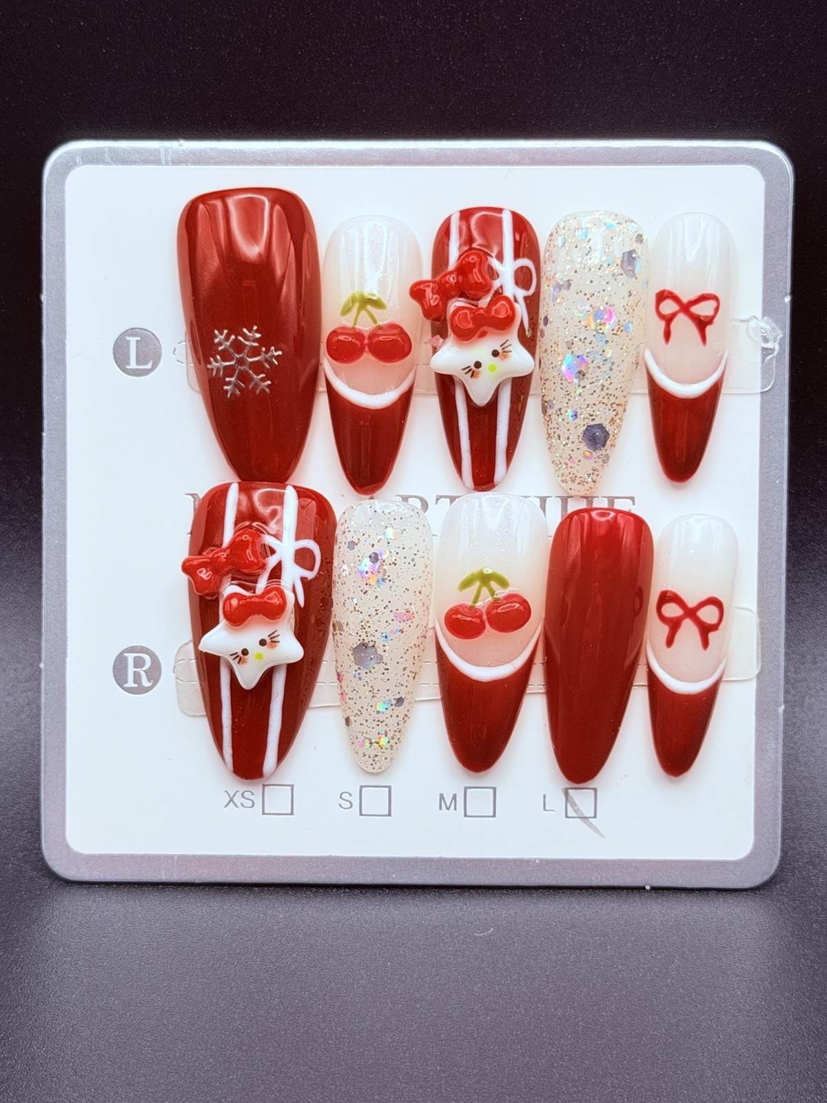 10 PCs Medium-Long Handmade Nails Red w/ Cherry & Star 3D Charms & Sparkle Sz LG
