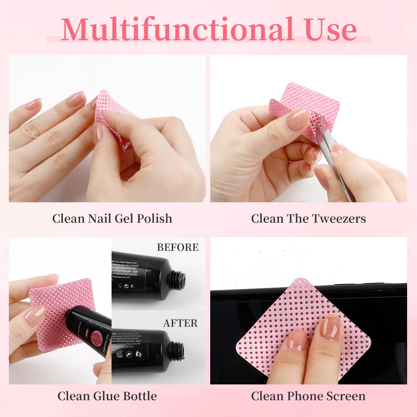 BQAN Lint Free Nail Wipes, 600PCS Polish Remover Pads Pink For pink-600P