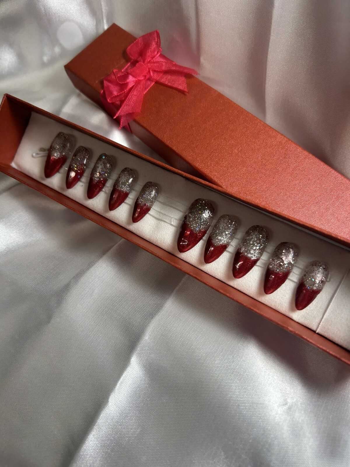 Z NAILZ! Handmade M Almond Red Metallic/Glitter Press On Nails