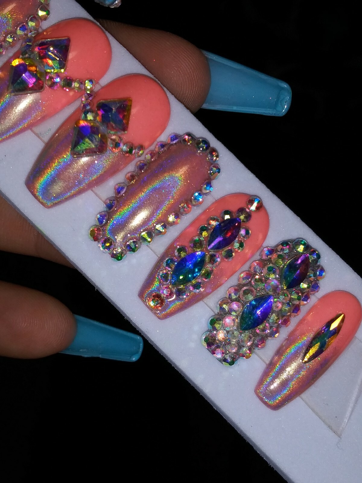 bling coral holographic press on nails coffin crystal diamond chrome metallic