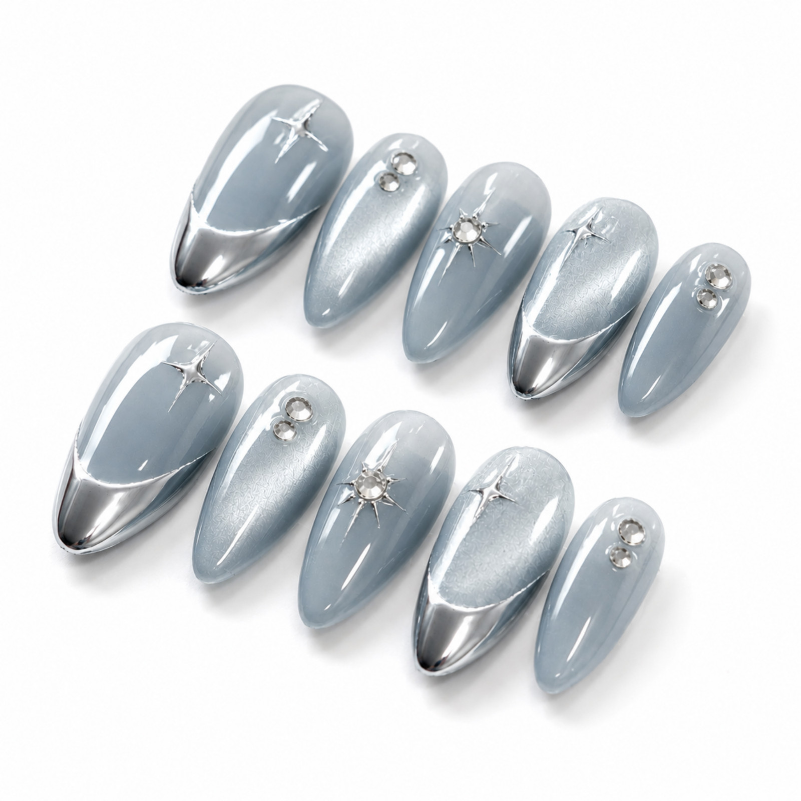 Handmade Icy Gray Silver Chrome Star Press On Nails Rhinestone Set