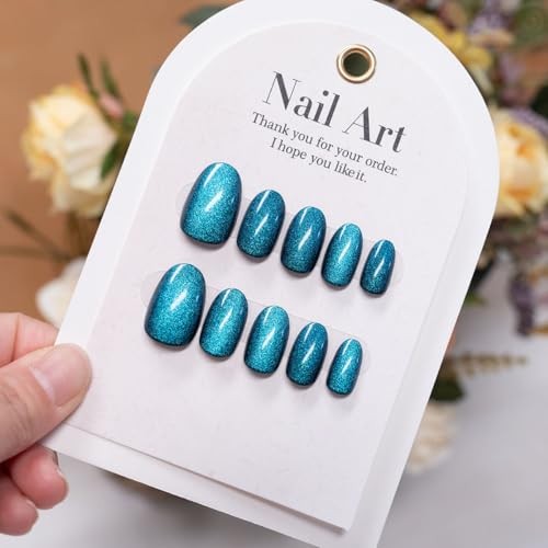 Blue Glitter Press on Nails Oval Fake Nails Cat Eye False Nails Short Style 18