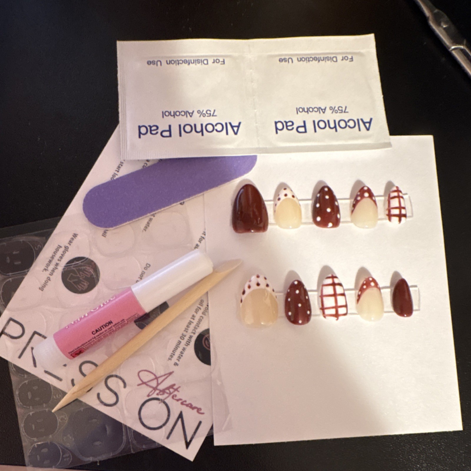 Press-On Nails Brown Beige White Almond Polka Dot Plaid Shiny Glue Included