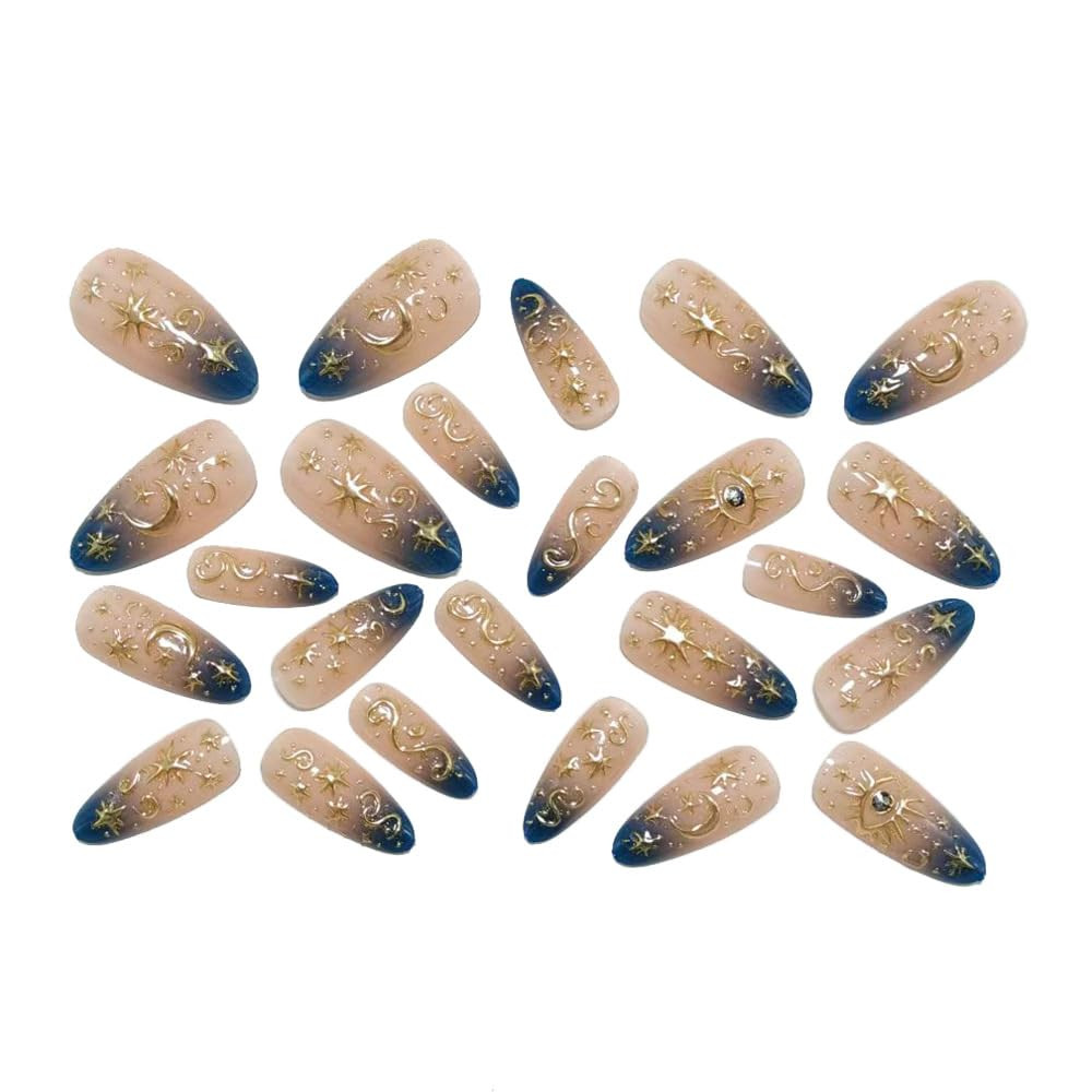 Gold Star Press on Nails Medium Almond Fake Nails Blue Ombre False Nails with 3D