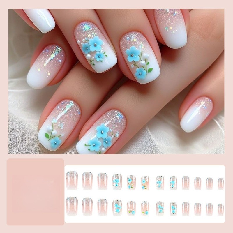 48pcs-White Nude Ombre Nails, Press on With 3D Blue Flowers and Pearl Accents