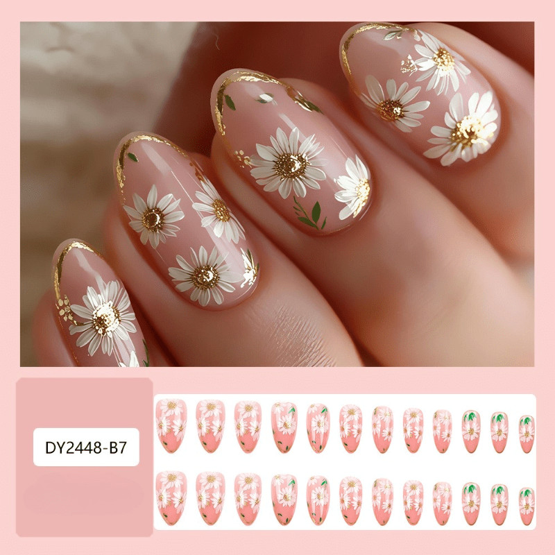 48pcs Short Oval Press on Nails, Nude Pink Gold Edge Daisy Sweet Daily Nails