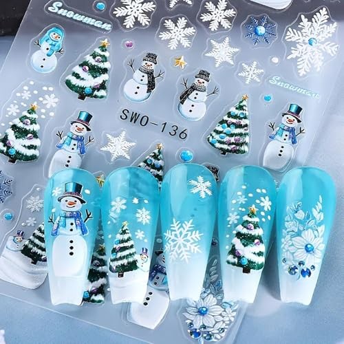 2Pcs Christmas Nail Art Stickers Decals 5D Embossed Winter Nail Decals Qa1