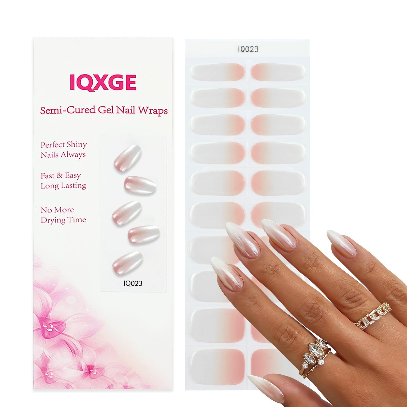 Semi Cured Gel Nail Strips UV Light Needed 20PCS Ombre Nude Gel Nail Stickers…