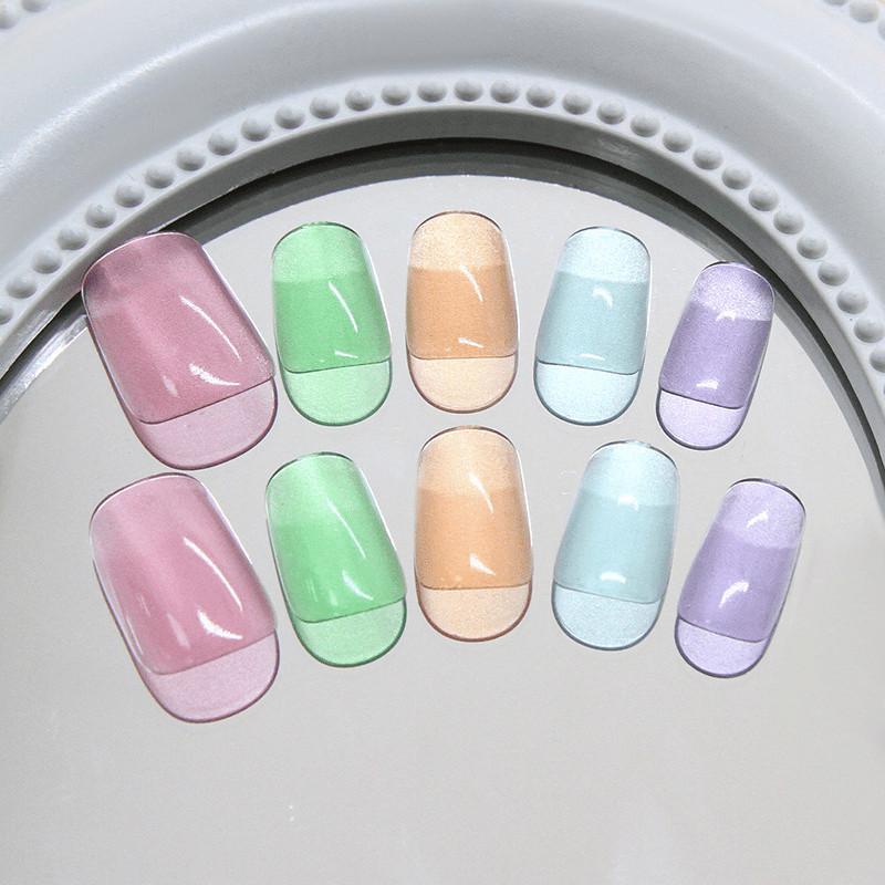 60pcs Short Square Press on Nails, Multicolor Gradient Cat Eye Glitter Nail Art