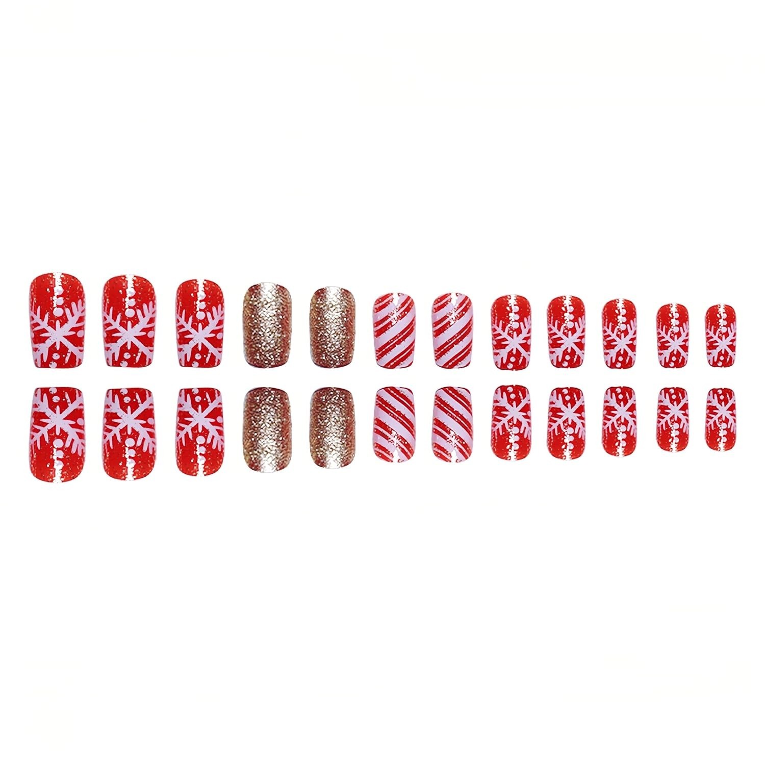 24Pcs Christmas Snowflake Press on Nails Short Square Fake Nails with Candy D…