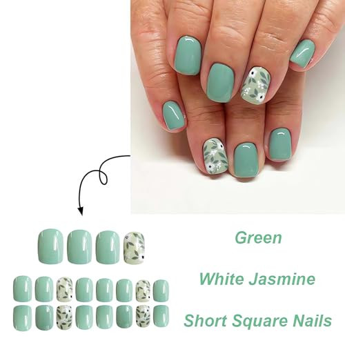 Spring Green Press on Nails Short Square Fake Nails Glossy False Nails with