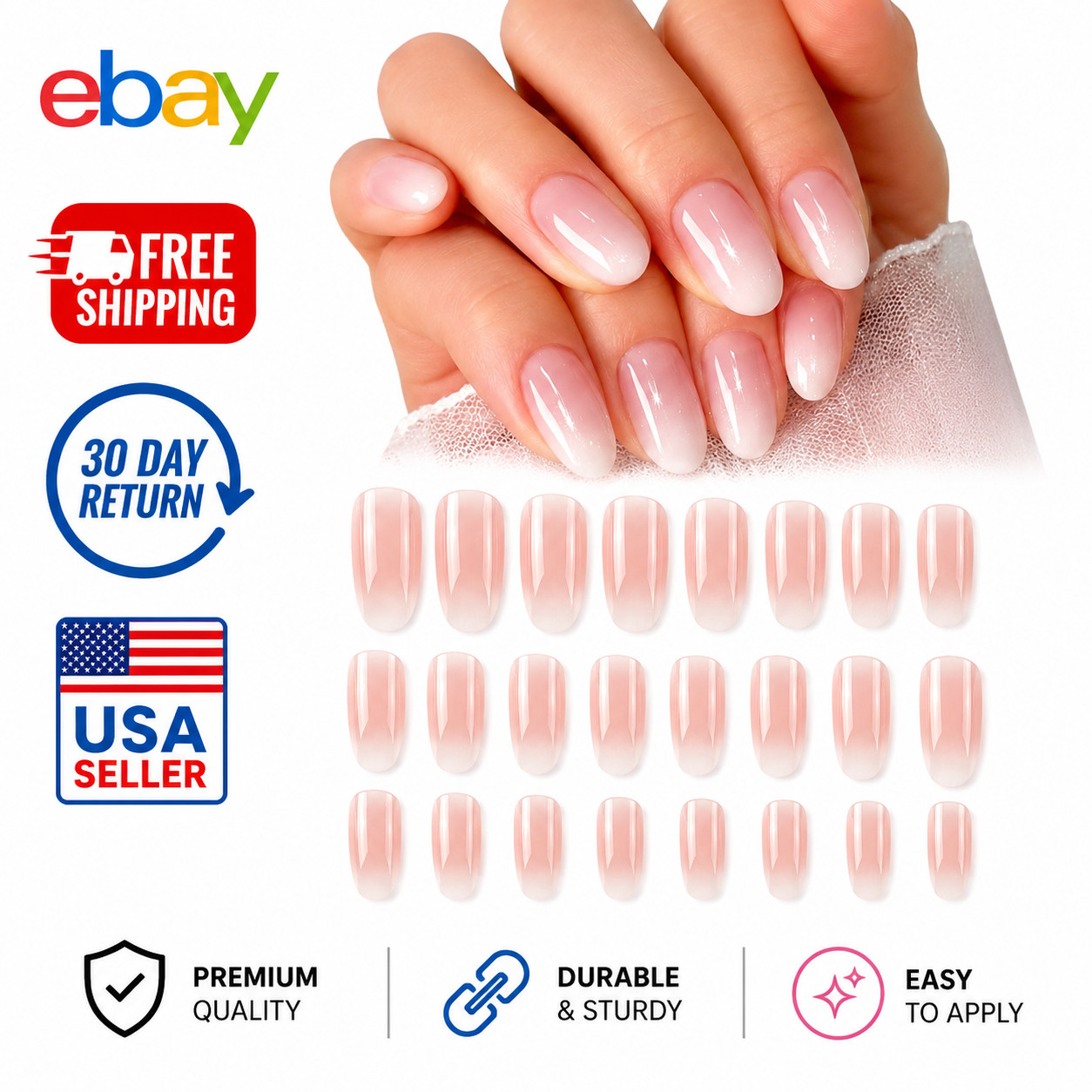 24Pcs Press On Nails Short Oval Pink White Ombre Minimalist False Nail Set Women