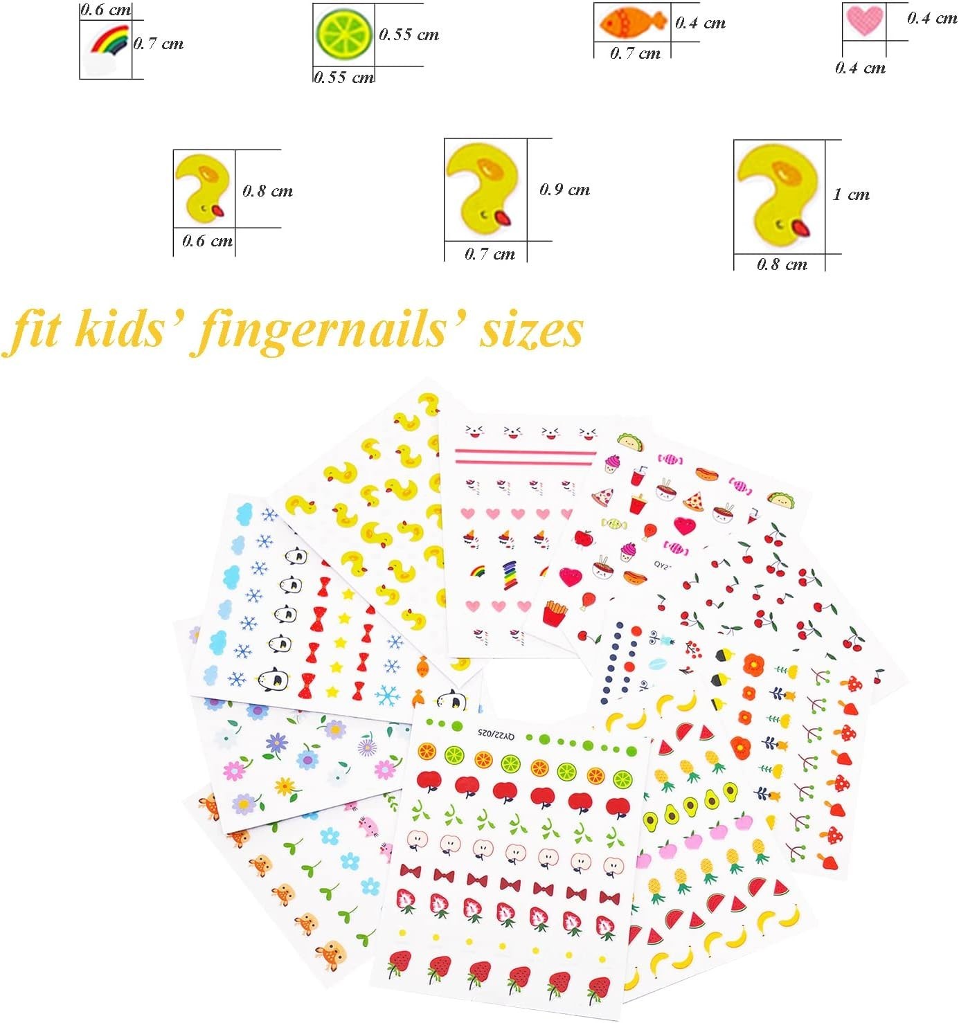 10 Sheets Cute Nail Stickers for Kids Including Animals Fruits Flowers Food R…