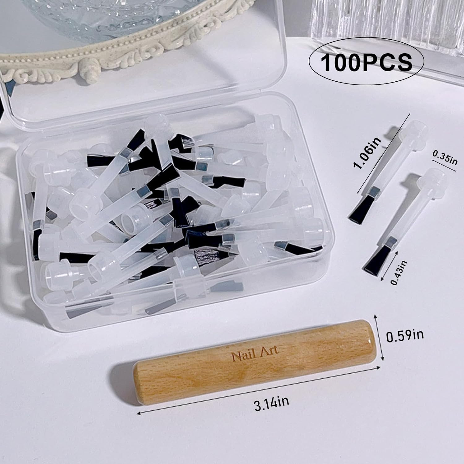 100Pcs Nail Polish Brush Replacement Brush with Double Side Wood Pen Holder Kit,
