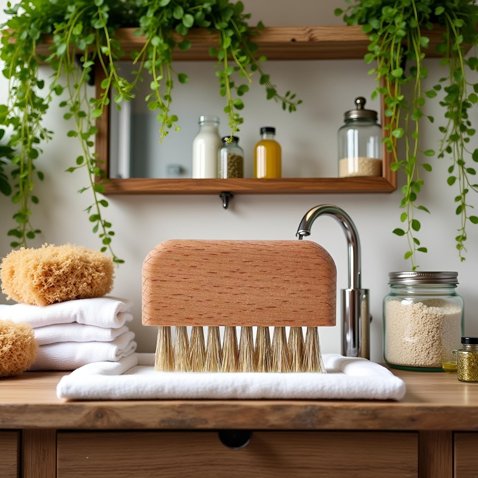 Brown Wooden Nail Brush, Natural Beech Wood Bristle Nail Brush Non-Slip Finge…
