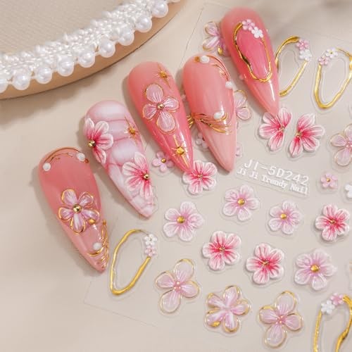 5D Embossed Flowers Nail Art Stickers, 5PCS Self-Adhesive White Colorful-06