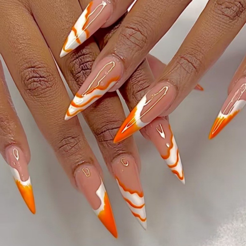 48pcs-Nude Stiletto Nail with Ombre Orange Tips and Hand-Painted White Swirl Art