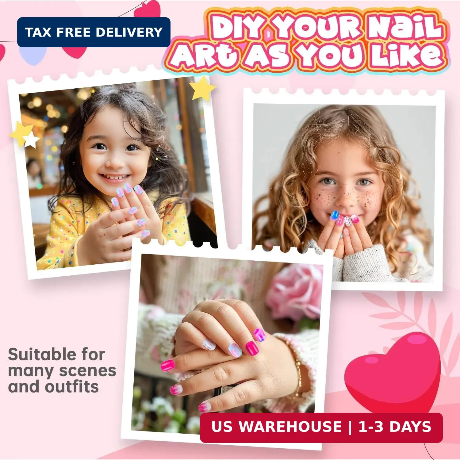 144 Pieces 6 Pack Kids Press on Nails Artificial Fake Nails for Kids Girls Pr…