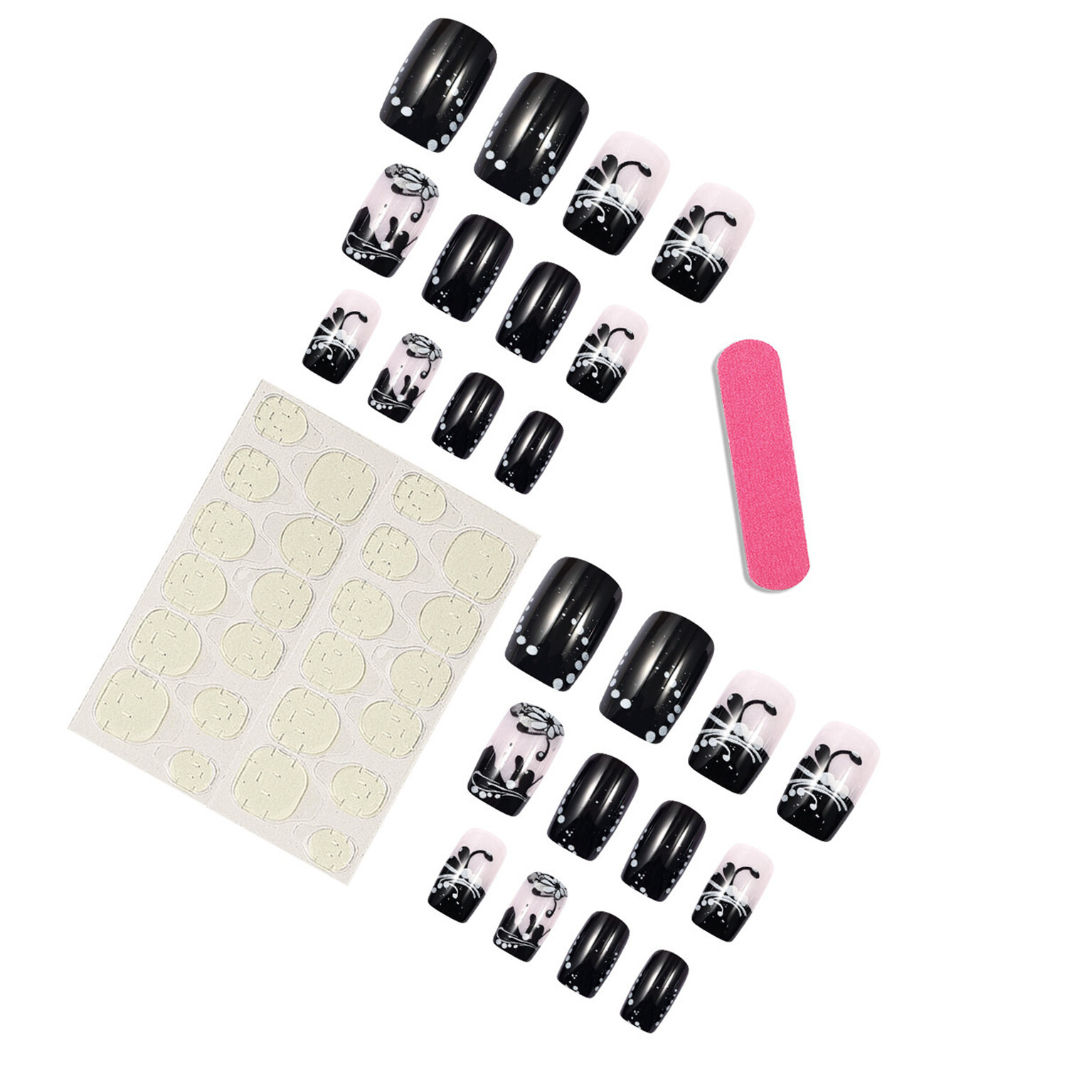 Short Square Press-On False Nail Glossy Black Flowers French Manicure 24pcs